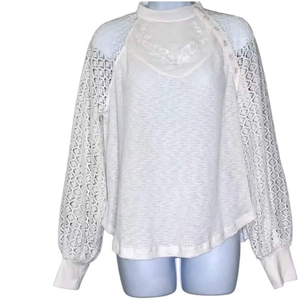 ✨Free People Sweetest Thing Thermal/Lace White Long Sleeve Sz Small Top✨